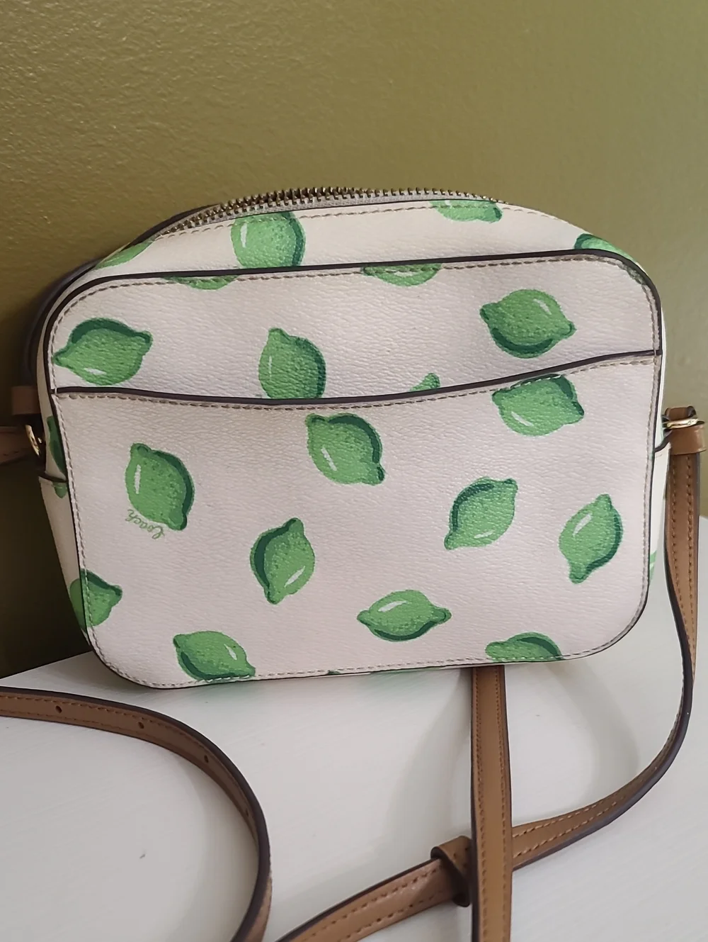 Coach White Crossbody with Green Lemon Motif and Tan Strap